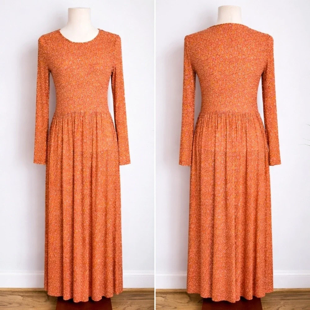Free People Hello and Goodbye Orange Floral Mesh Smocked Midi Dress SZ Small